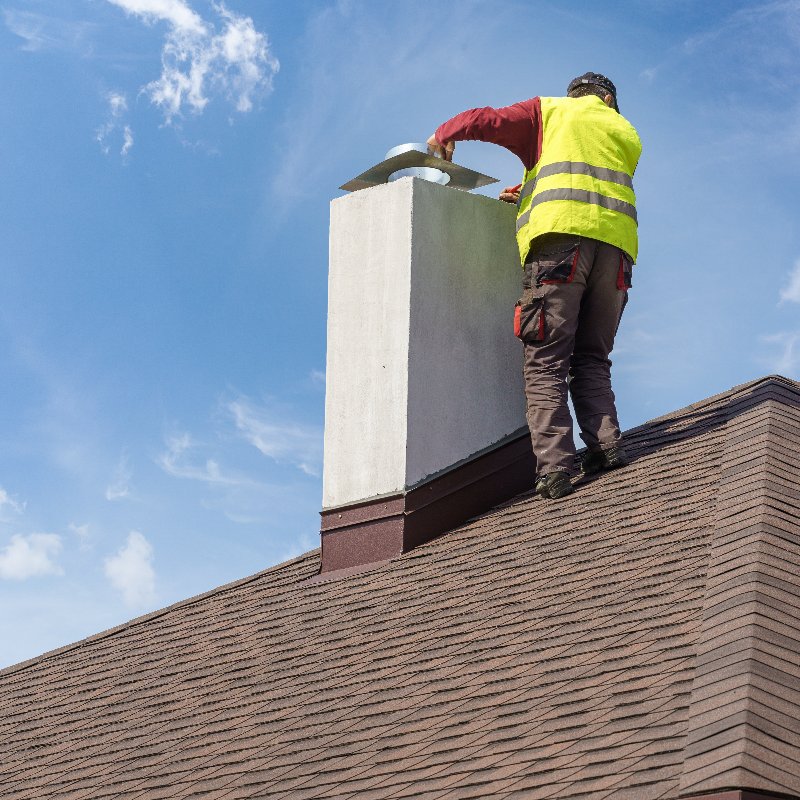 worker on a roof repairing a chimney